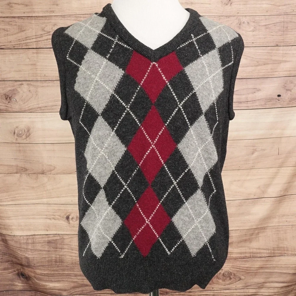 LL Bean Sweater Vest Mens M Gray Argyle V Neck Lambswool Irish Ireland Made